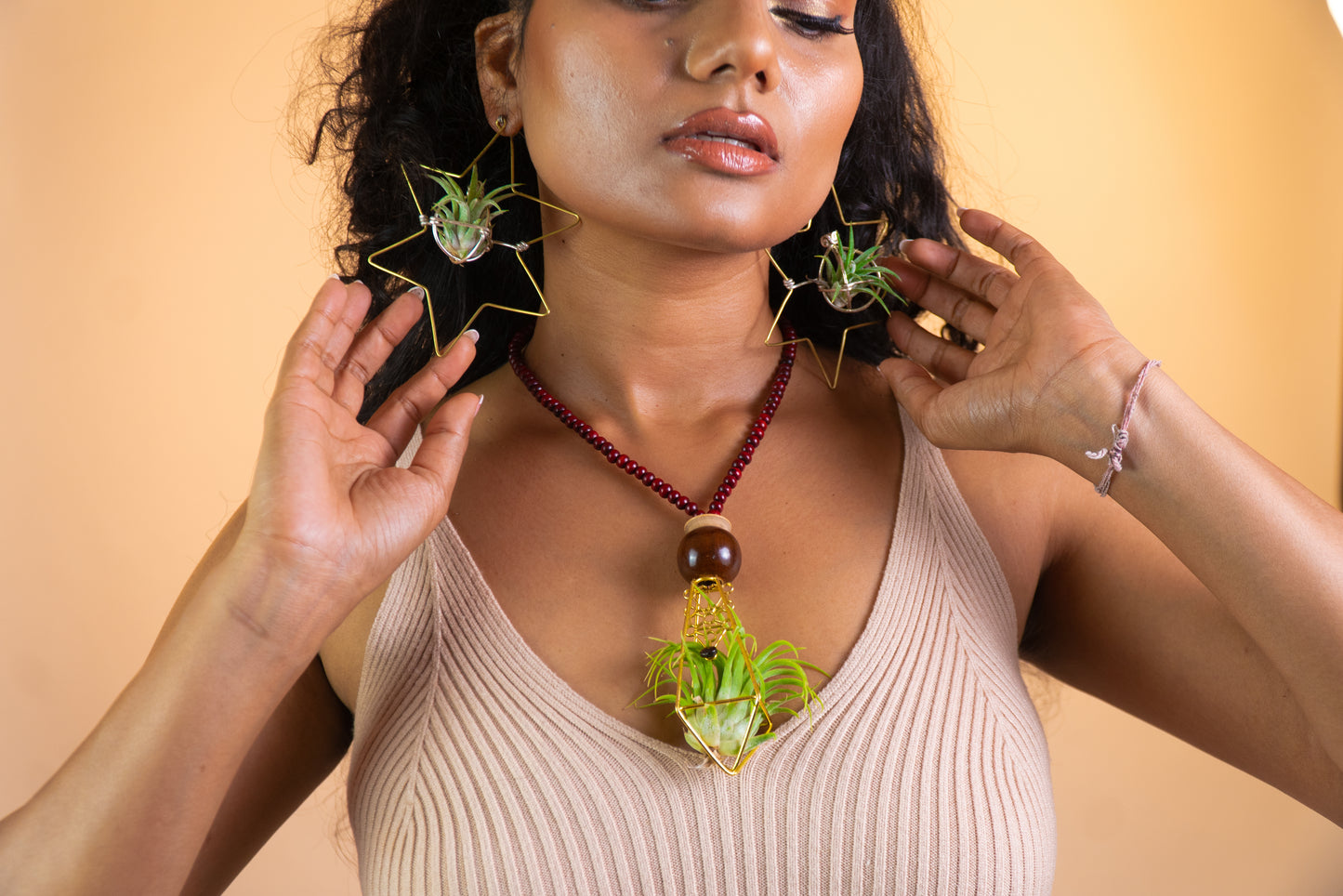 Air Plant Terrarium Sandalwood Bead Necklace ~ Buddha Monk Prayer Beads