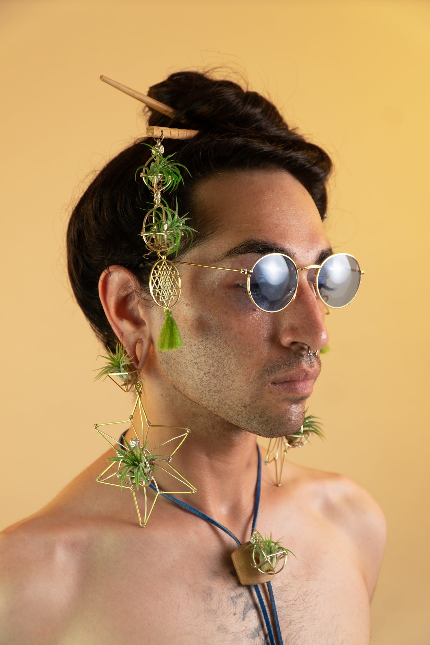 AsaNoHa Air Plant Wood Hoop Earrings Japanese Sacred Geometry Star ้บปใฎ่