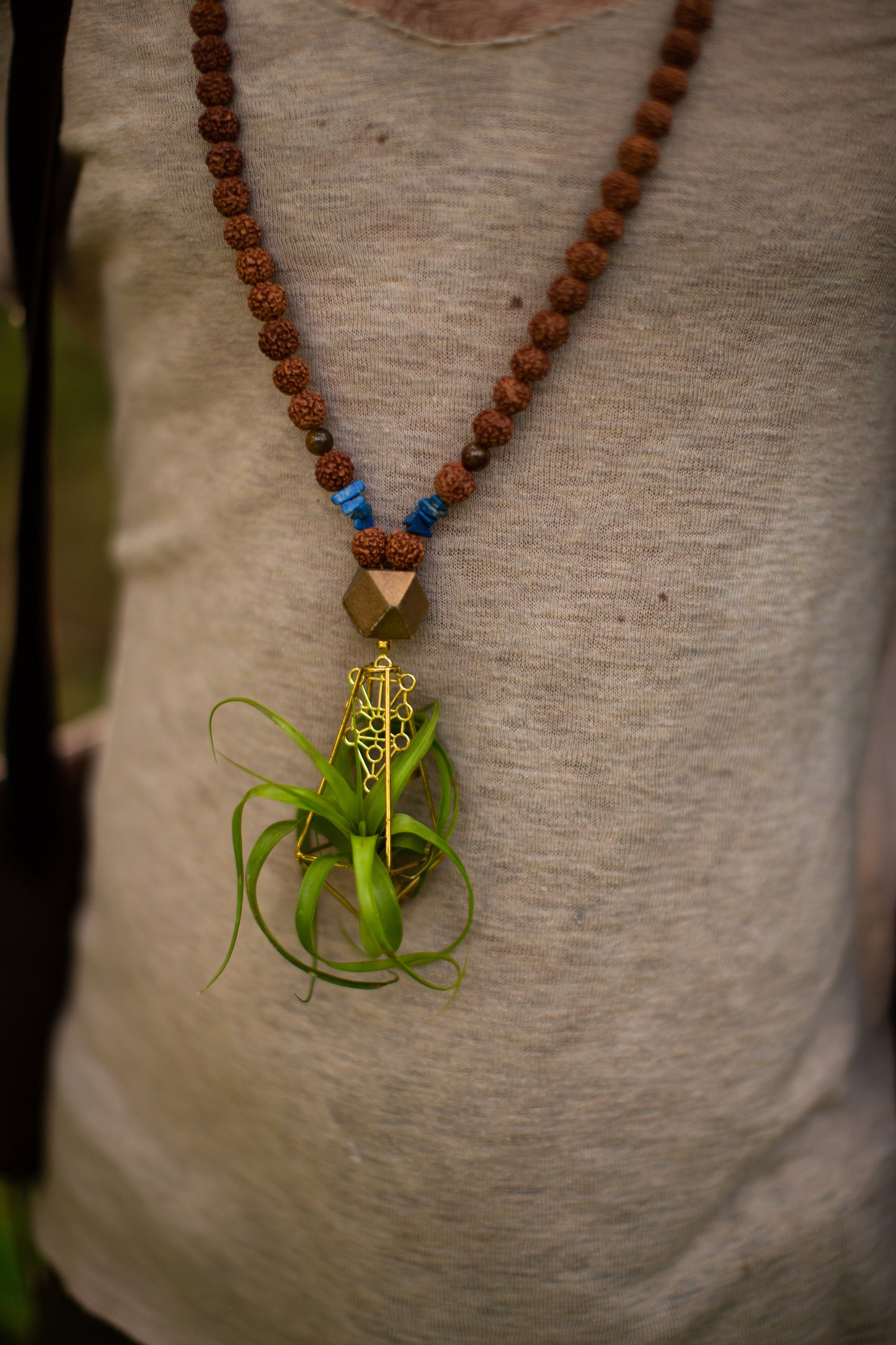 Air Plant Terrarium Sandalwood Bead Necklace ~ Buddha Monk Prayer Beads
