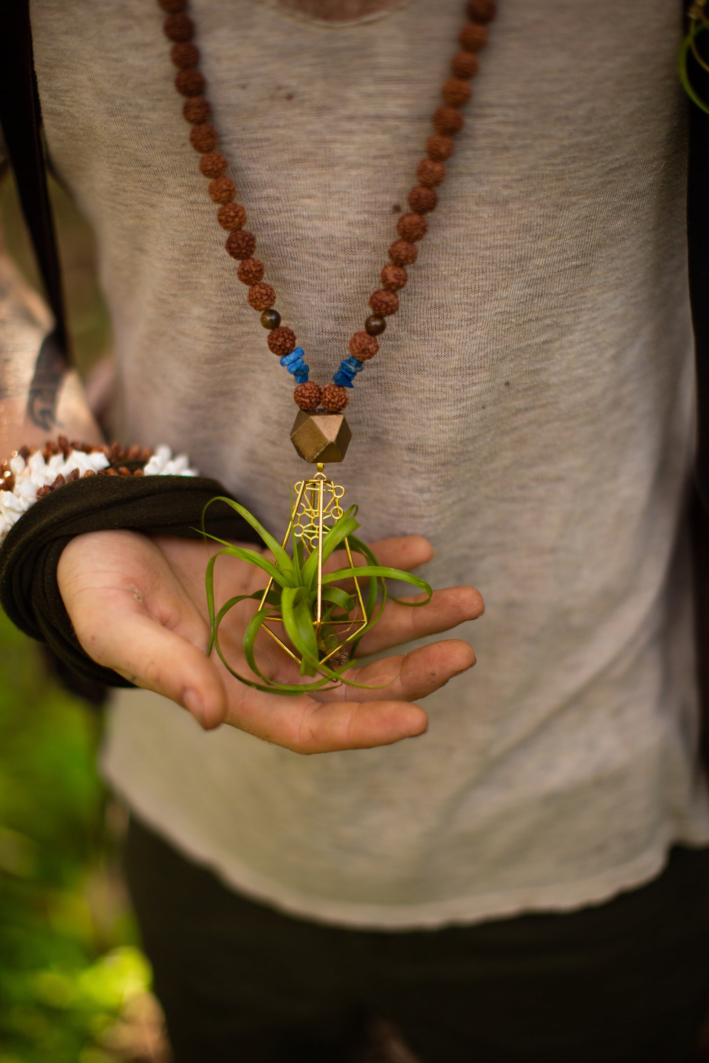 Air Plant Terrarium Sandalwood Bead Necklace ~ Buddha Monk Prayer Beads
