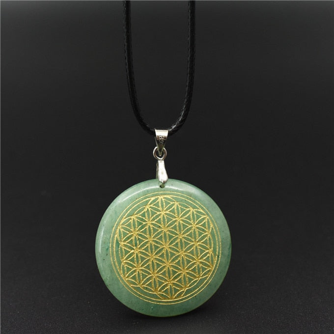 Natural Crystal Flower of Life Engraved Pendant