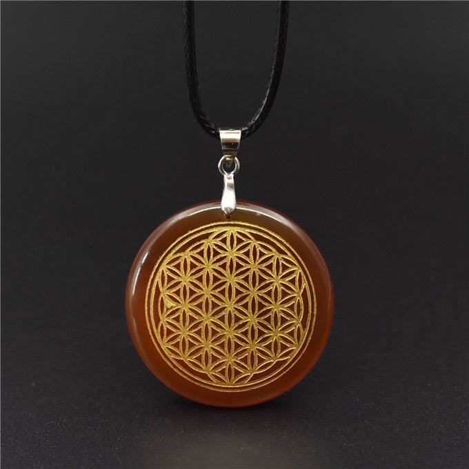 Natural Crystal Flower of Life Engraved Pendant