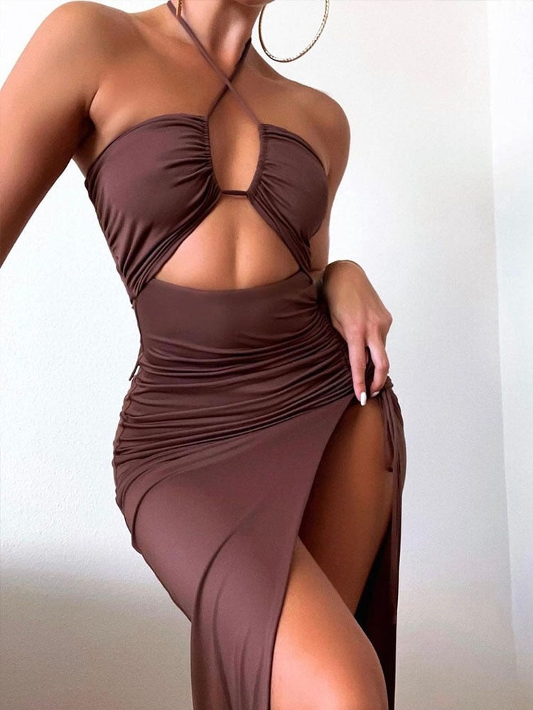 Sexy Goddess Cross Draw-String Slit Leg Dress
