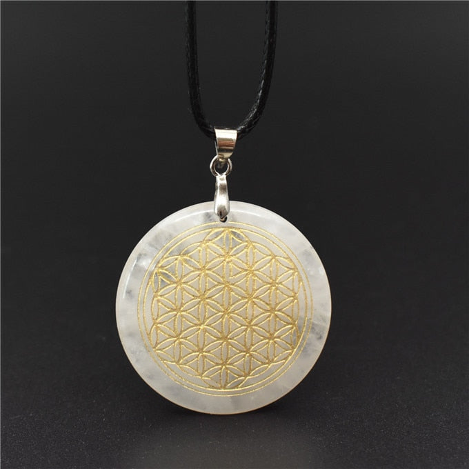 Natural Crystal Flower of Life Engraved Pendant