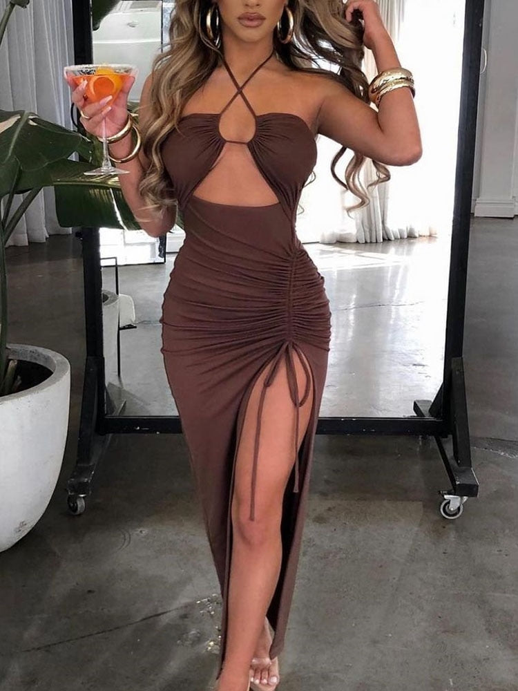 Sexy Goddess Cross Draw-String Slit Leg Dress