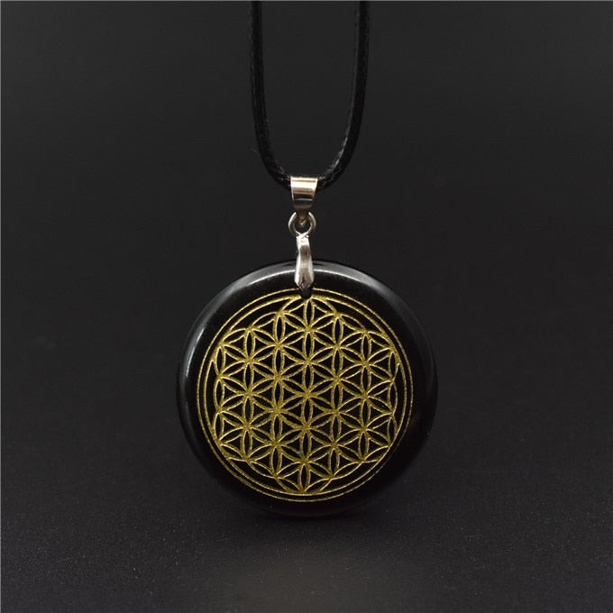 Natural Crystal Flower of Life Engraved Pendant