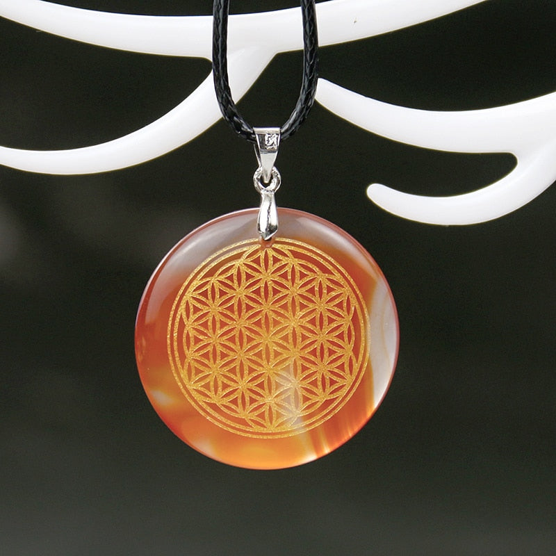 Natural Crystal Flower of Life Engraved Pendant