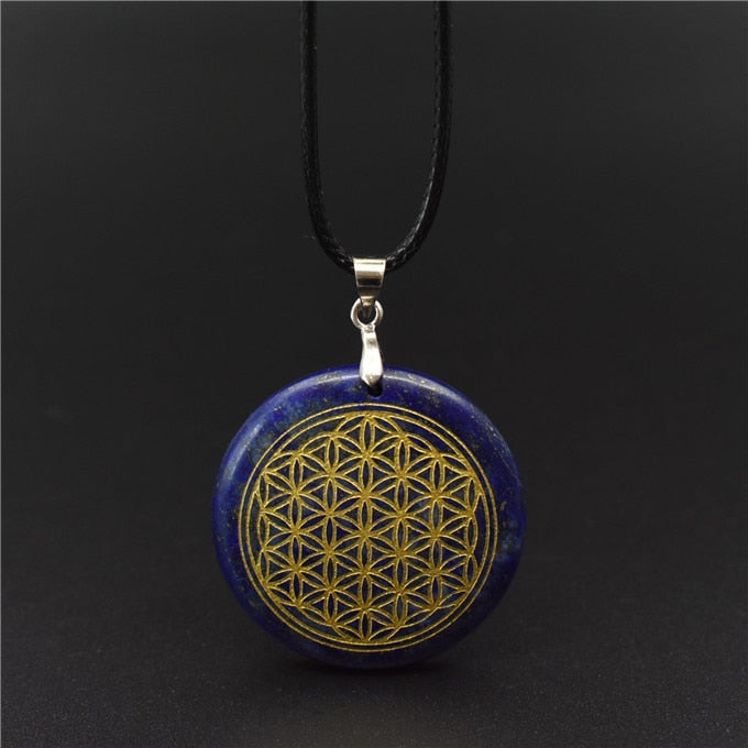 Natural Crystal Flower of Life Engraved Pendant