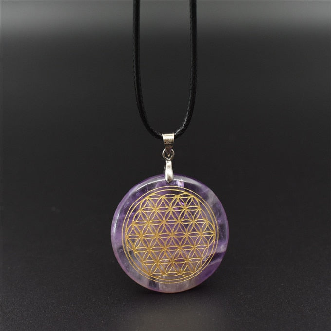 Natural Crystal Flower of Life Engraved Pendant