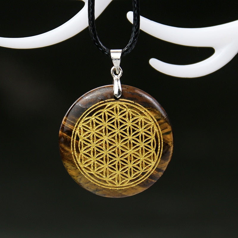 Natural Crystal Flower of Life Engraved Pendant