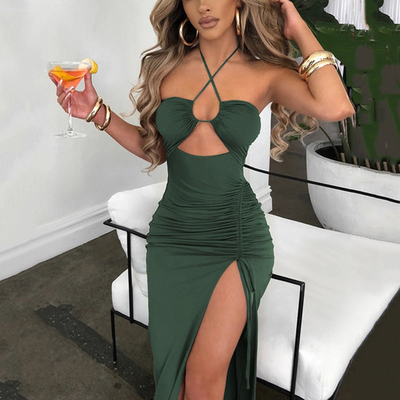 Sexy Goddess Cross Draw-String Slit Leg Dress