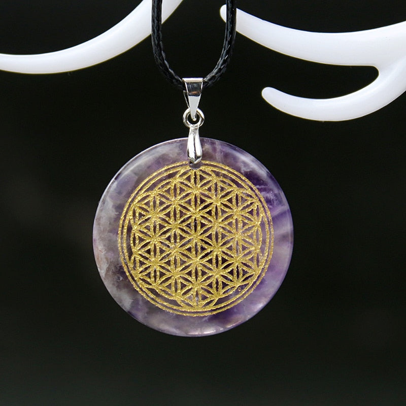 Natural Crystal Flower of Life Engraved Pendant