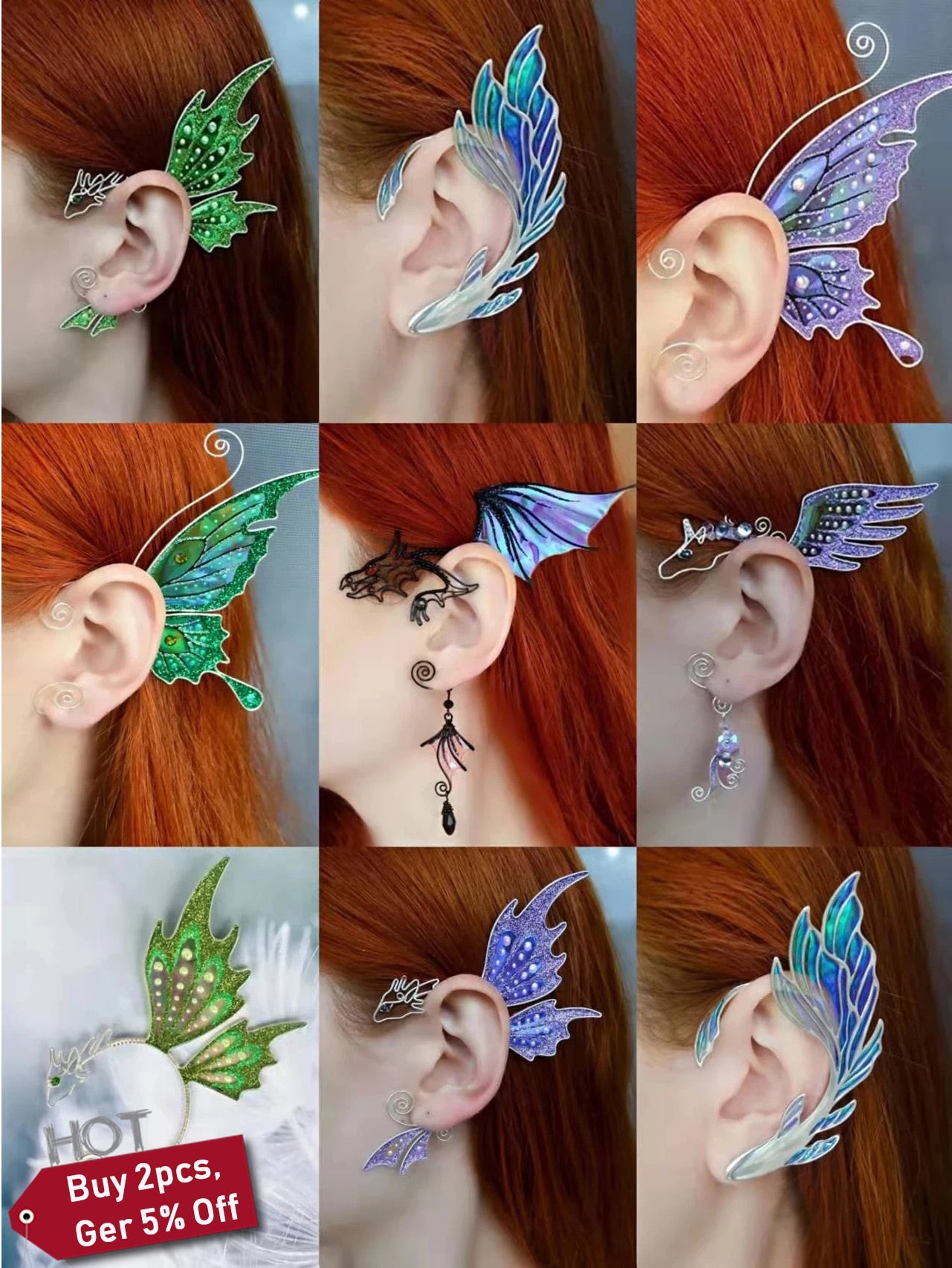Aurora Iridescent Butterfly Dragon Wing Ear Cuffs