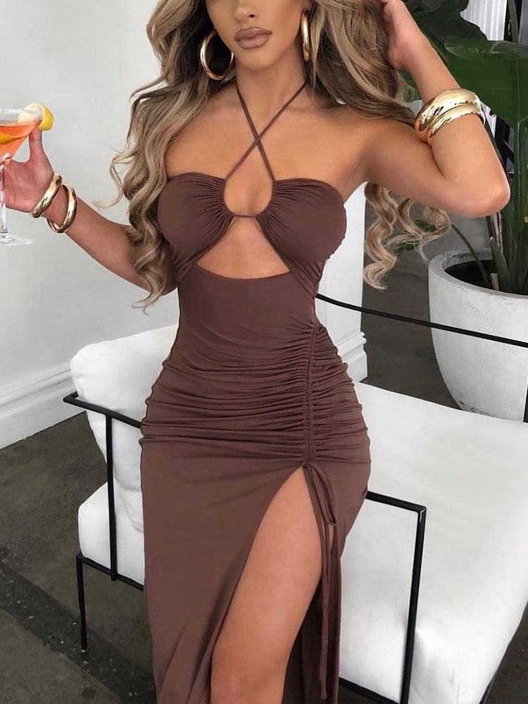 Sexy Goddess Cross Draw-String Slit Leg Dress