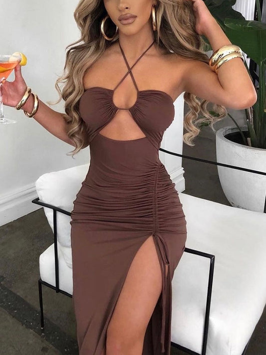 Sexy Goddess Cross Draw-String Slit Leg Dress