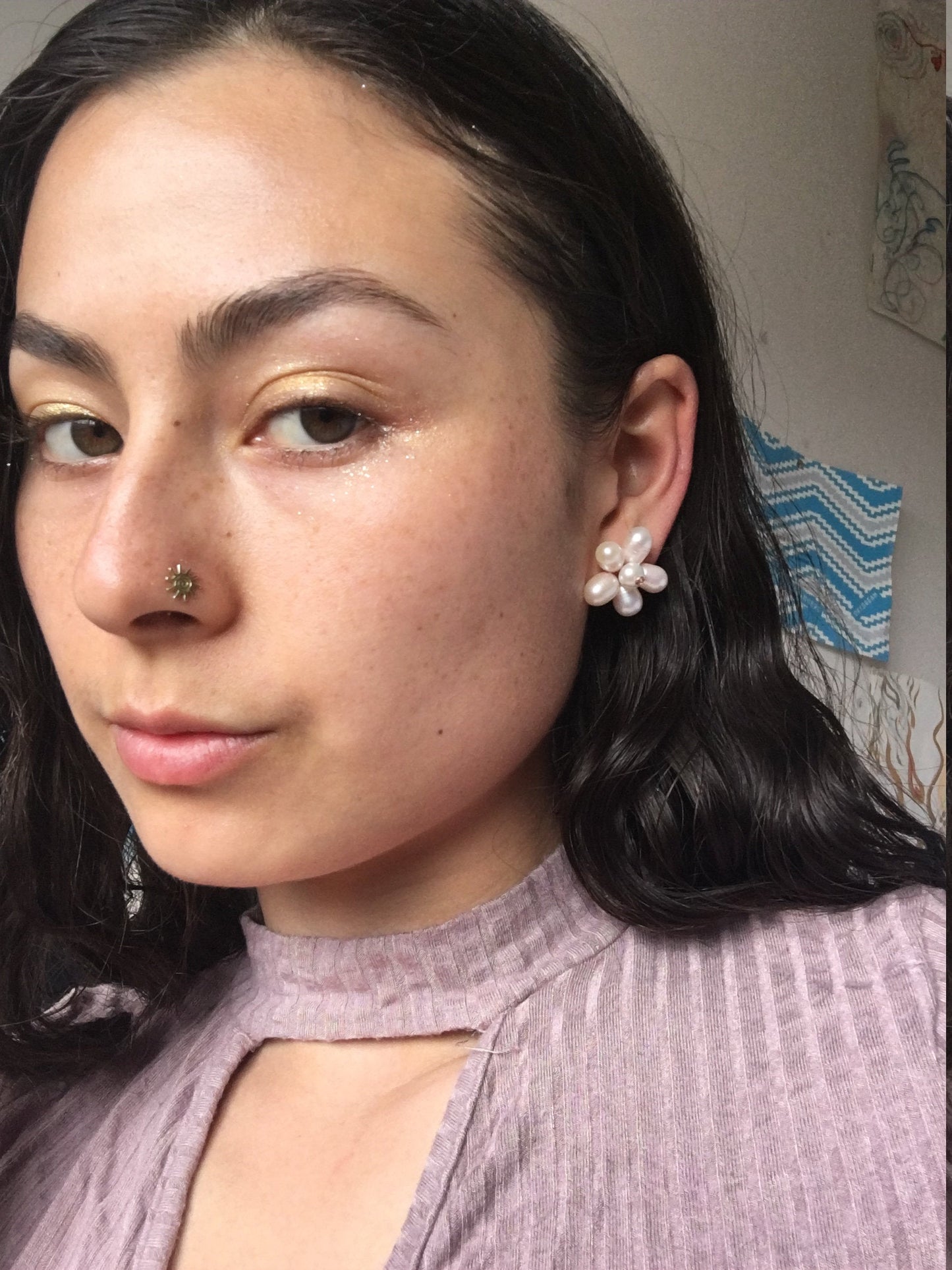 Genuine Pearl Flower Stud Elegant Earrings