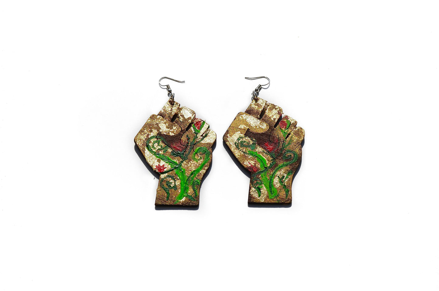 Earth Power Fist Resilience Flower Power Gold Leaf River Laser Cut Earrings (Real Gold Leaf)