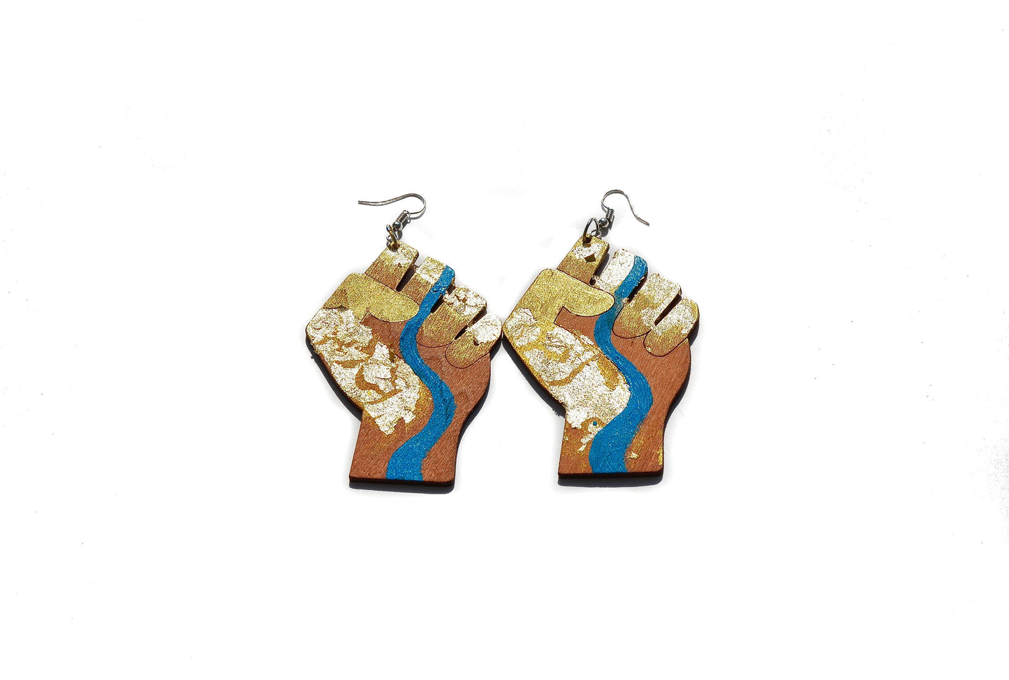 Earth Power Fist Resilience Flower Power Gold Leaf River Laser Cut Earrings (Real Gold Leaf)