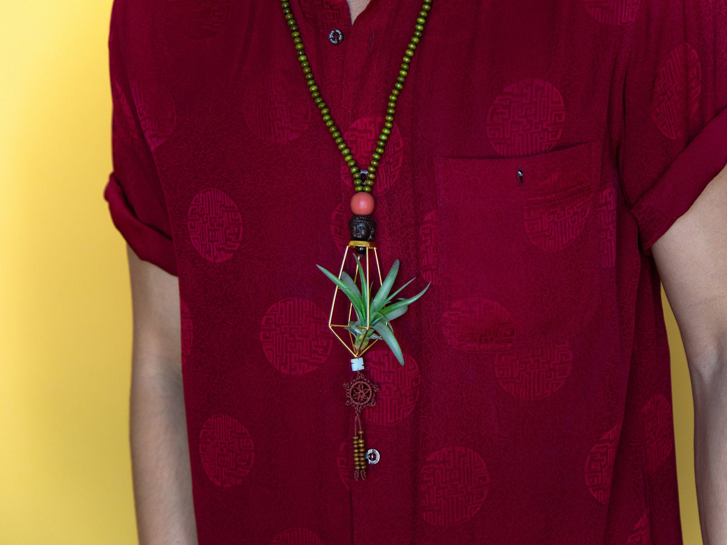 Air Plant Terrarium Sandalwood Bead Necklace ~ Buddha Monk Prayer Beads