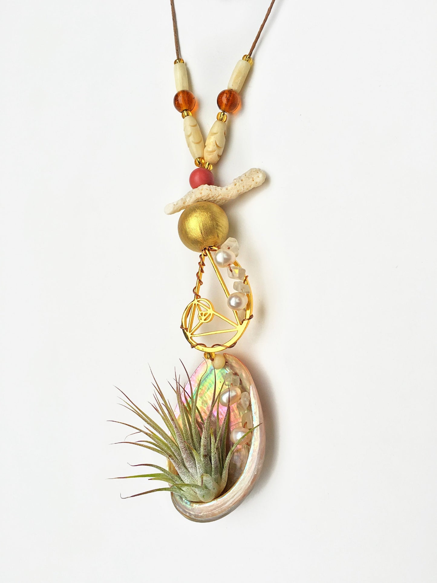 Air Plant Orb Pearl Beaded Abalone Geometric Necklace