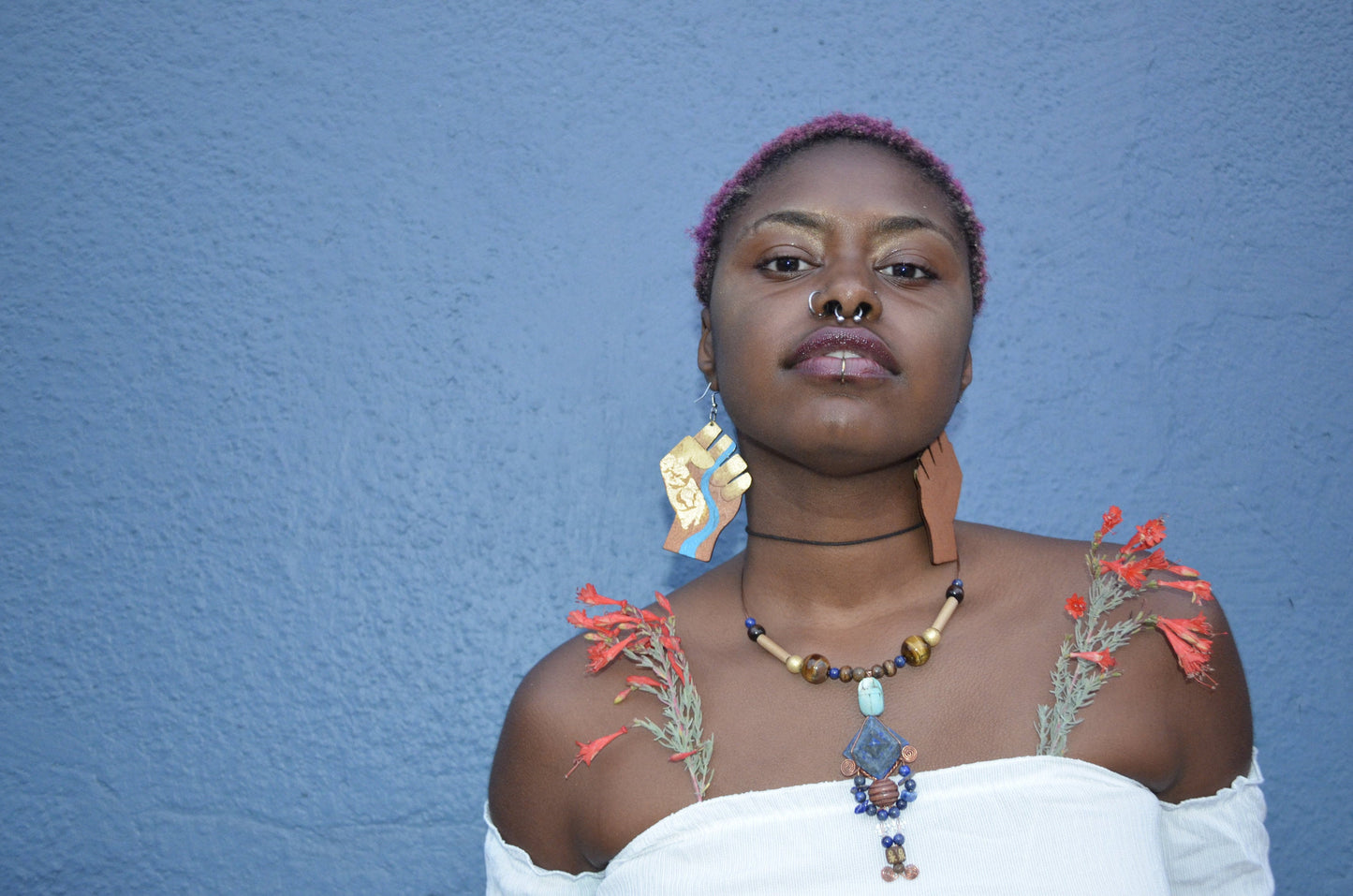 Earth Power Fist Resilience Flower Power Gold Leaf River Laser Cut Earrings (Real Gold Leaf)