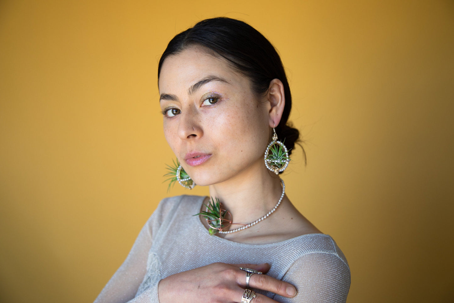 Air Plant Pearl Embroidered Orb Carriage Earrings