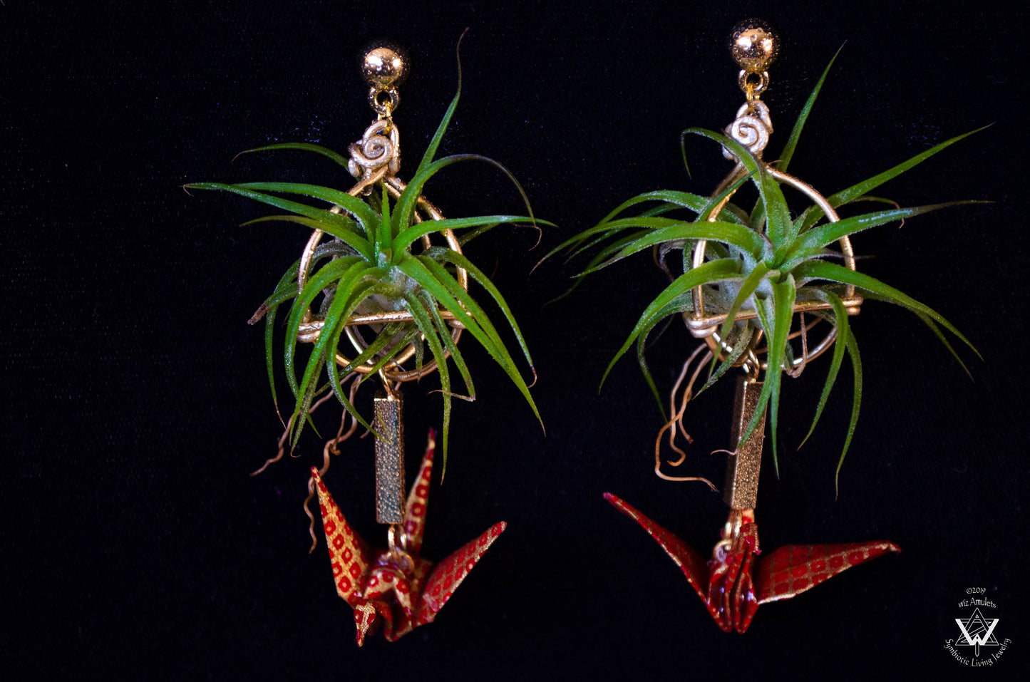 Living Plant Origami Crane Earrings