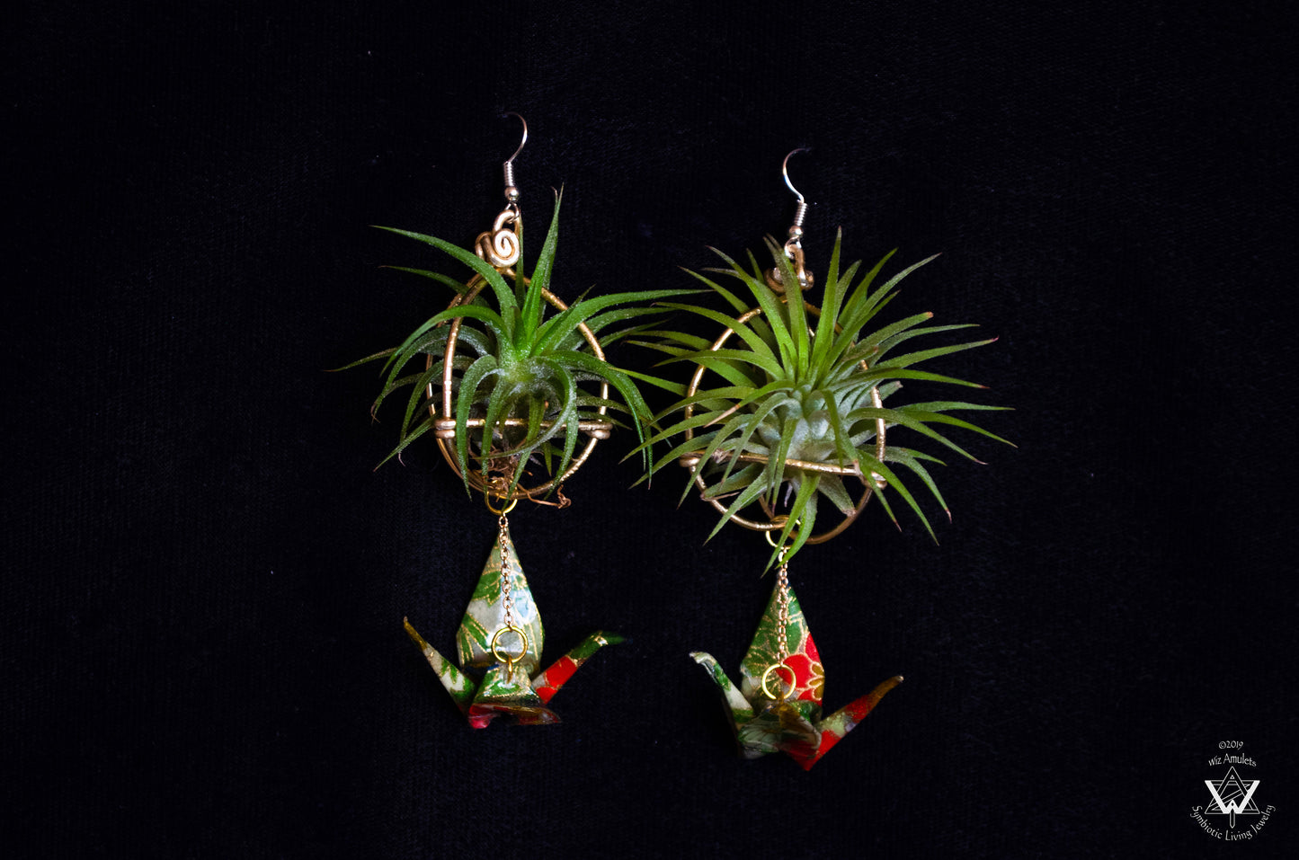 Living Plant Origami Crane Earrings