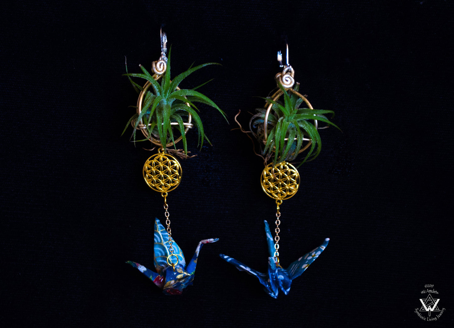 Living Plant Origami Crane Earrings