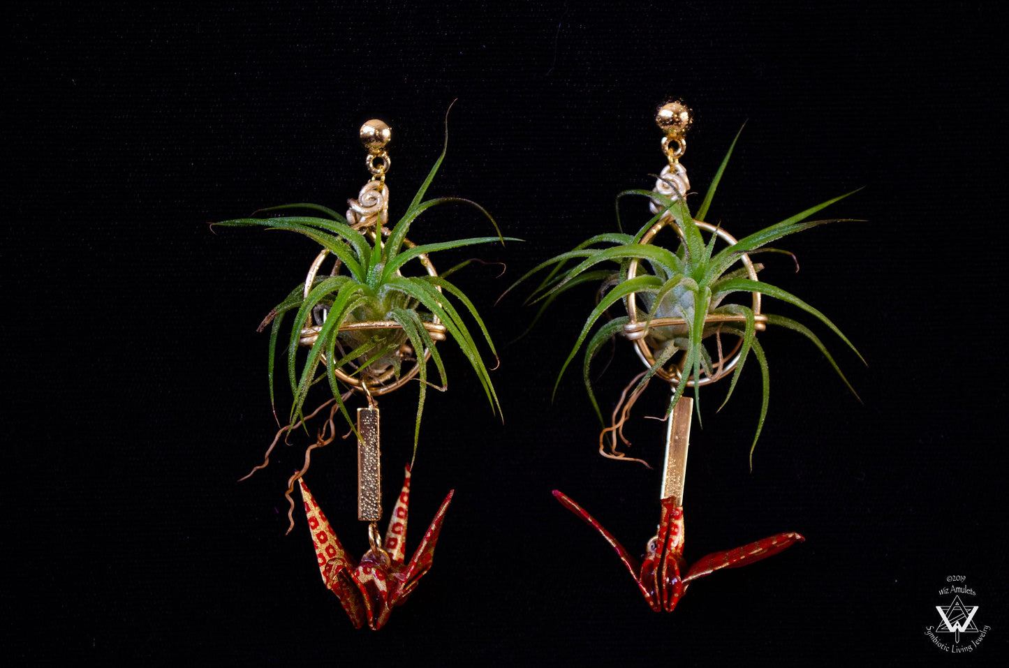Living Plant Origami Crane Earrings
