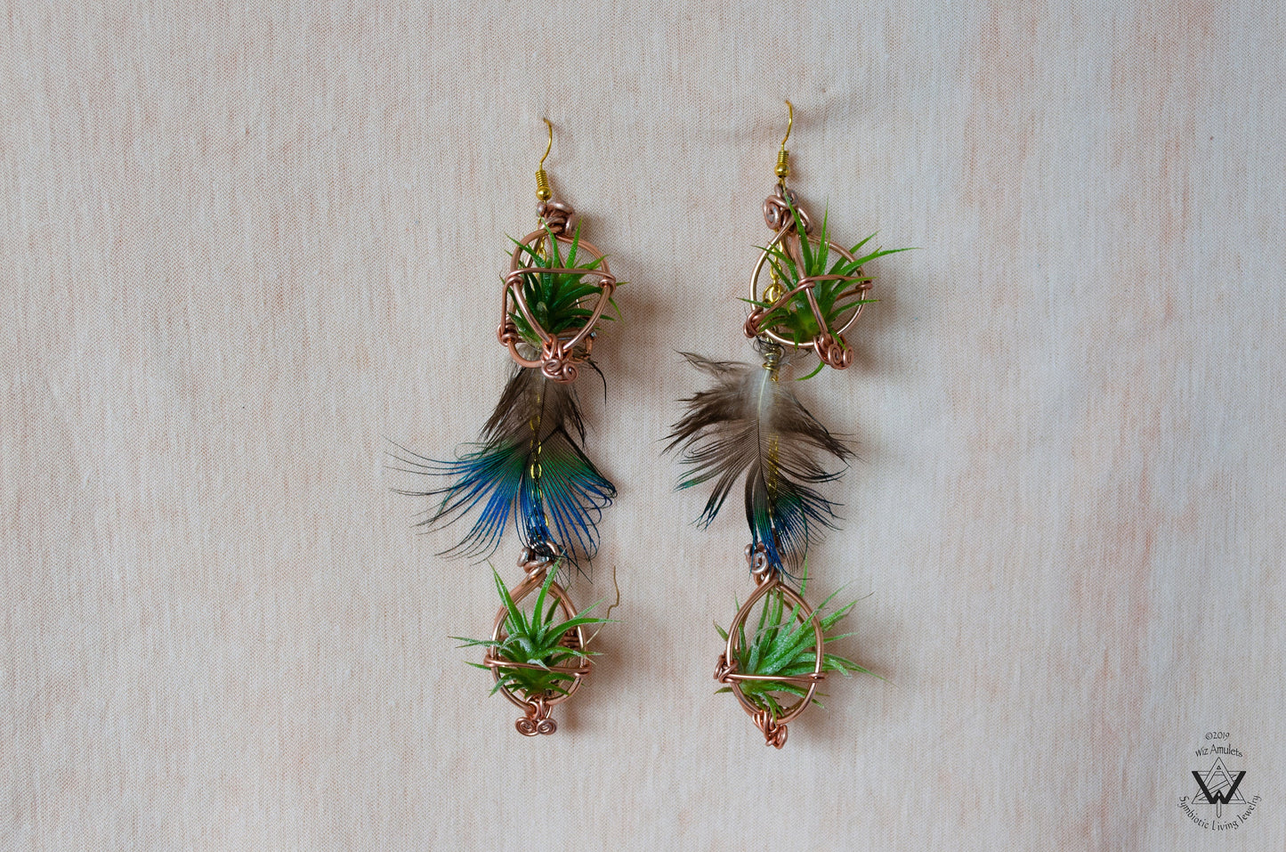 Double Dangle Air Plant Orb Feather Earrings Clips ~  Cascading Earrings Boho Chic