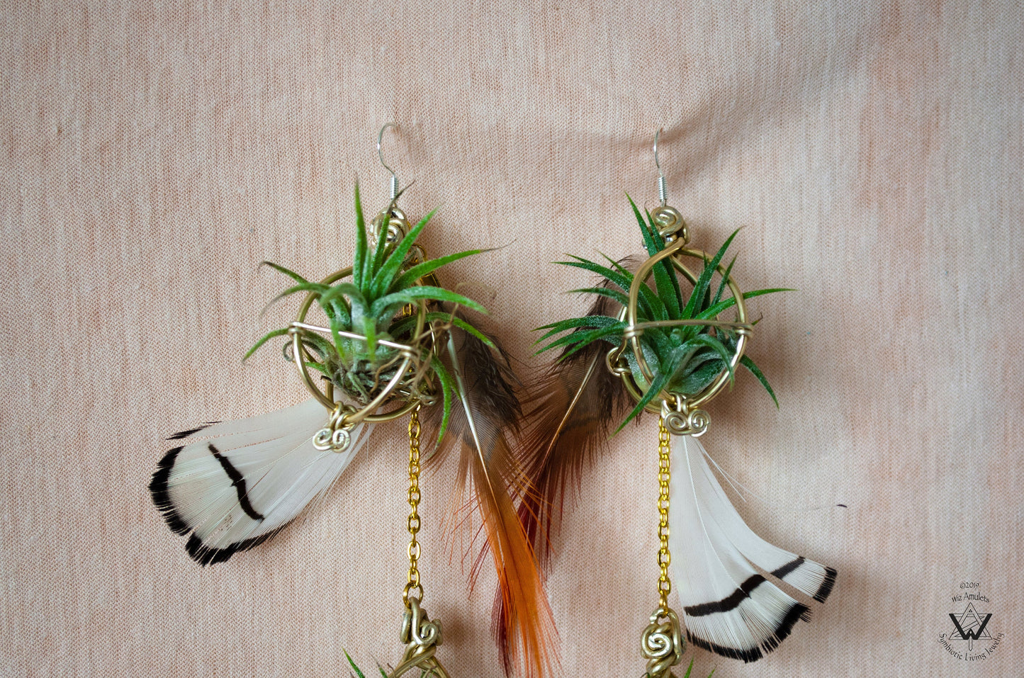 Double Dangle Air Plant Orb Feather Earrings Clips ~  Cascading Earrings Boho Chic