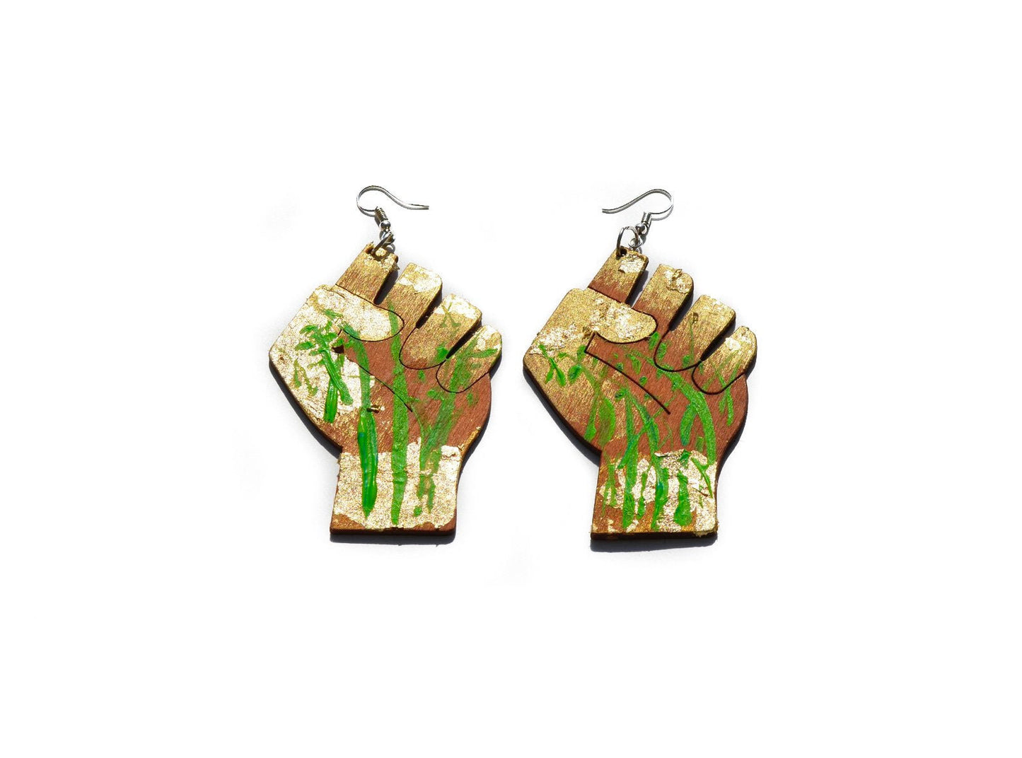 Earth Power Fist Resilience Flower Power Gold Leaf River Laser Cut Earrings (Real Gold Leaf)