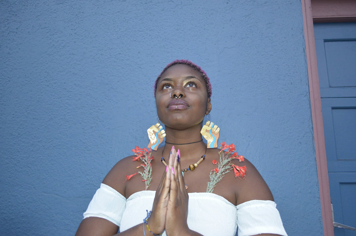 Earth Power Fist Resilience Flower Power Gold Leaf River Laser Cut Earrings (Real Gold Leaf)