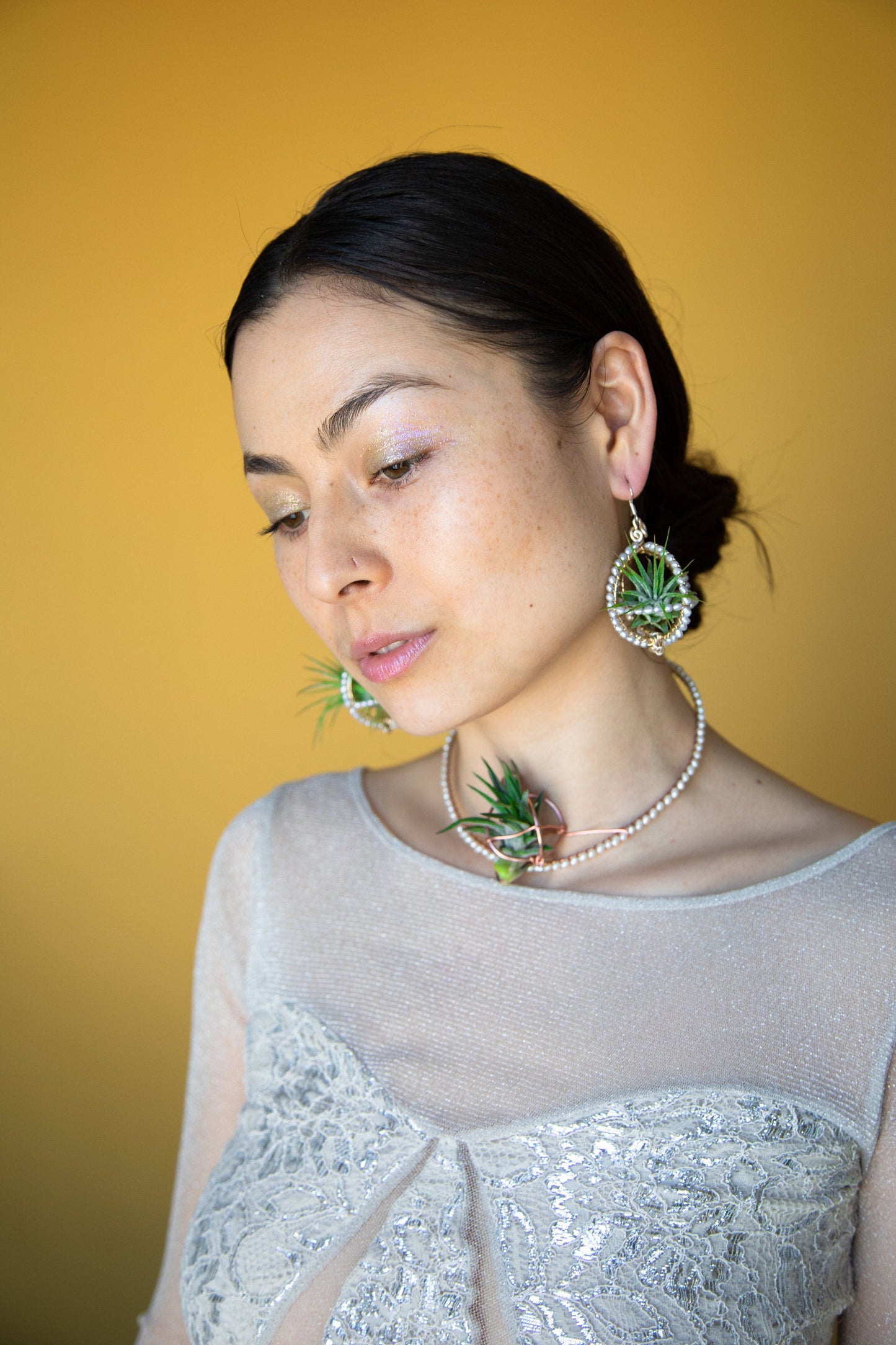 Air Plant Pearl Embroidered Orb Carriage Earrings
