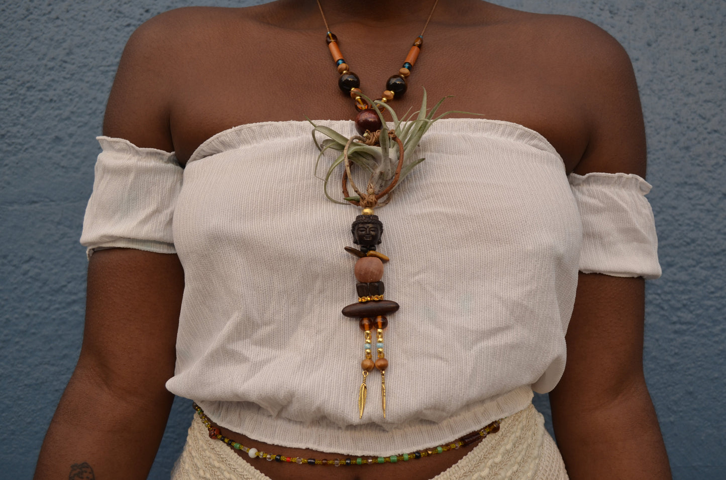 Sprouting Buddha Air Plant Necklace ~ Wood Branch Orb