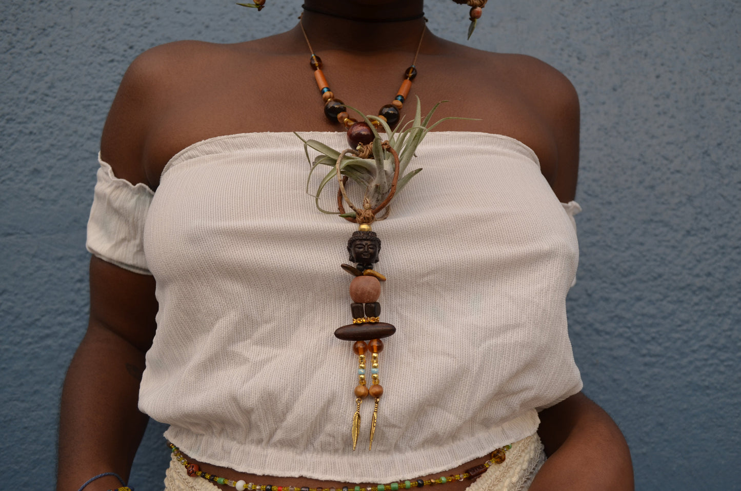 Sprouting Buddha Air Plant Necklace ~ Wood Branch Orb