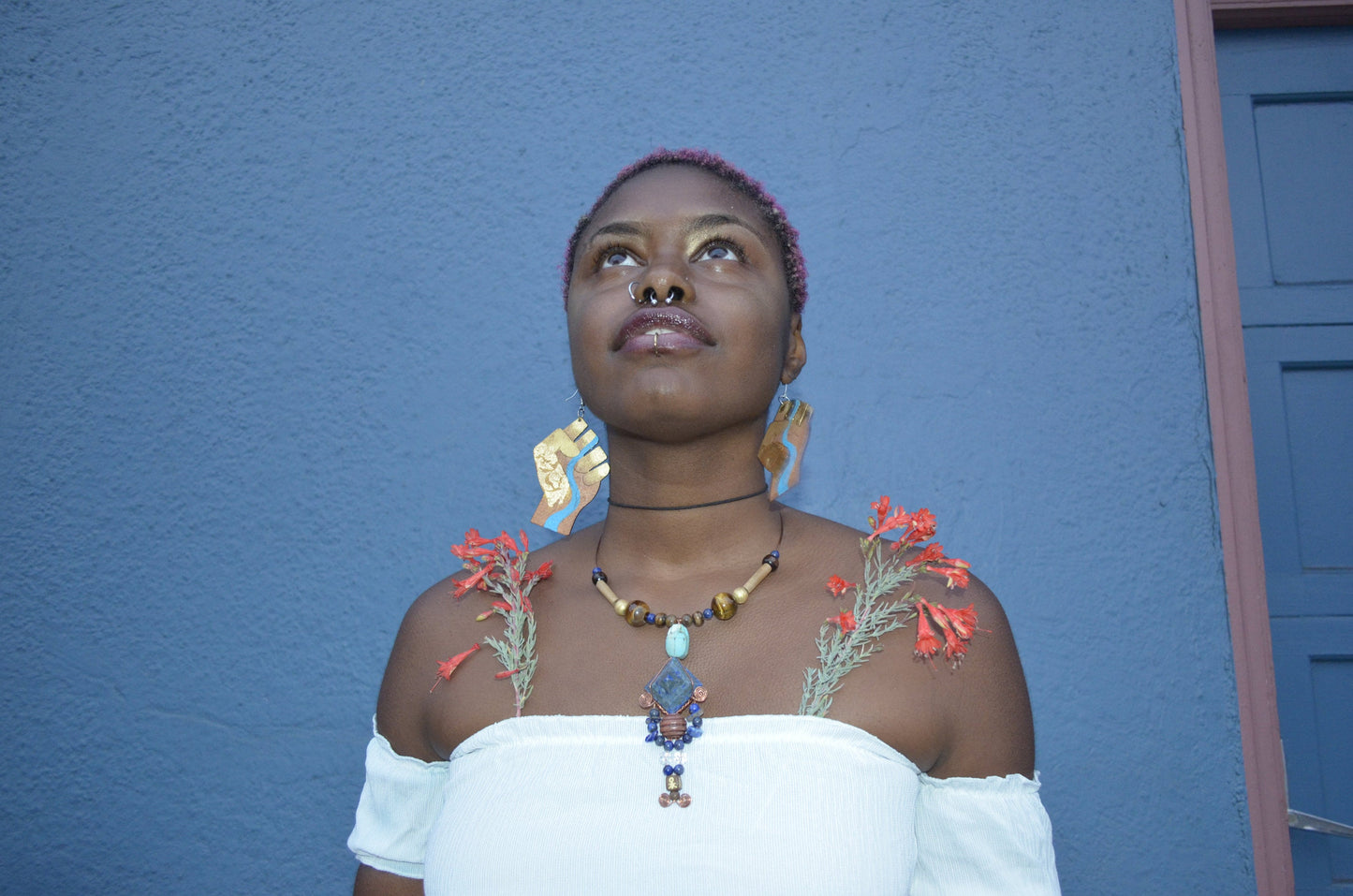 Earth Power Fist Resilience Flower Power Gold Leaf River Laser Cut Earrings (Real Gold Leaf)