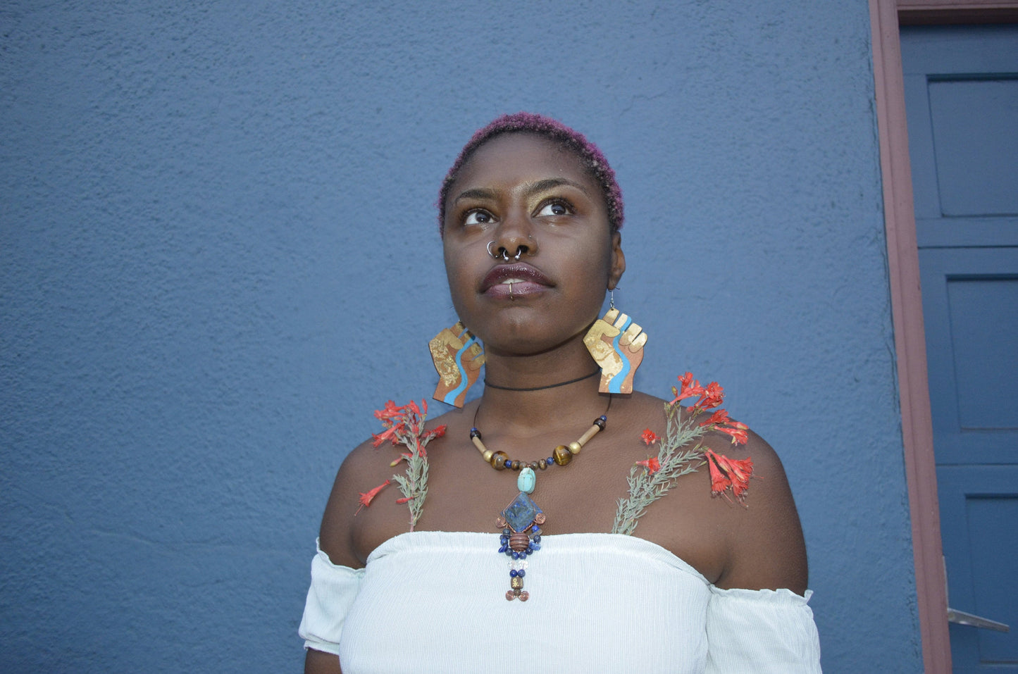 Earth Power Fist Resilience Flower Power Gold Leaf River Laser Cut Earrings (Real Gold Leaf)