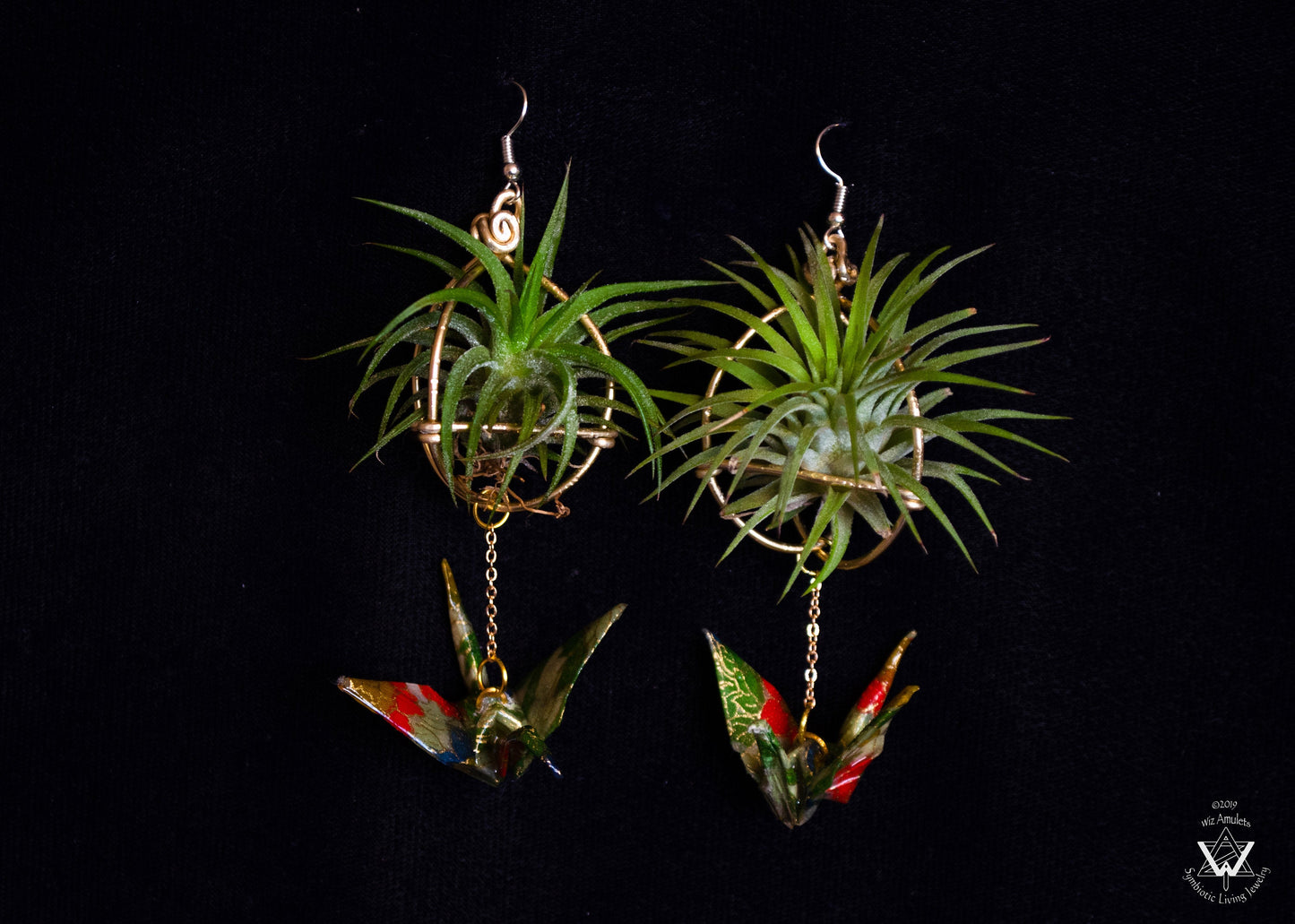 Living Plant Origami Crane Earrings