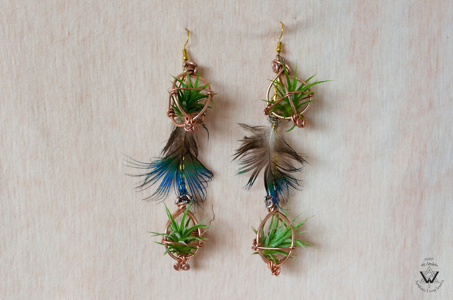 Double Dangle Air Plant Orb Feather Earrings Clips ~  Cascading Earrings Boho Chic