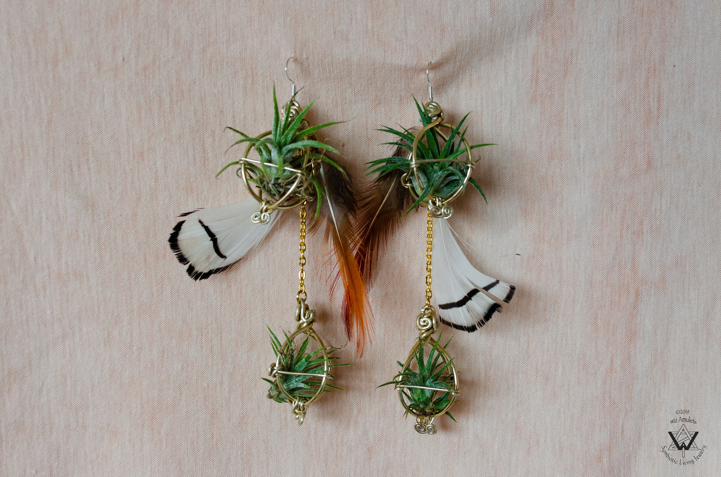 Double Dangle Air Plant Orb Feather Earrings Clips ~  Cascading Earrings Boho Chic