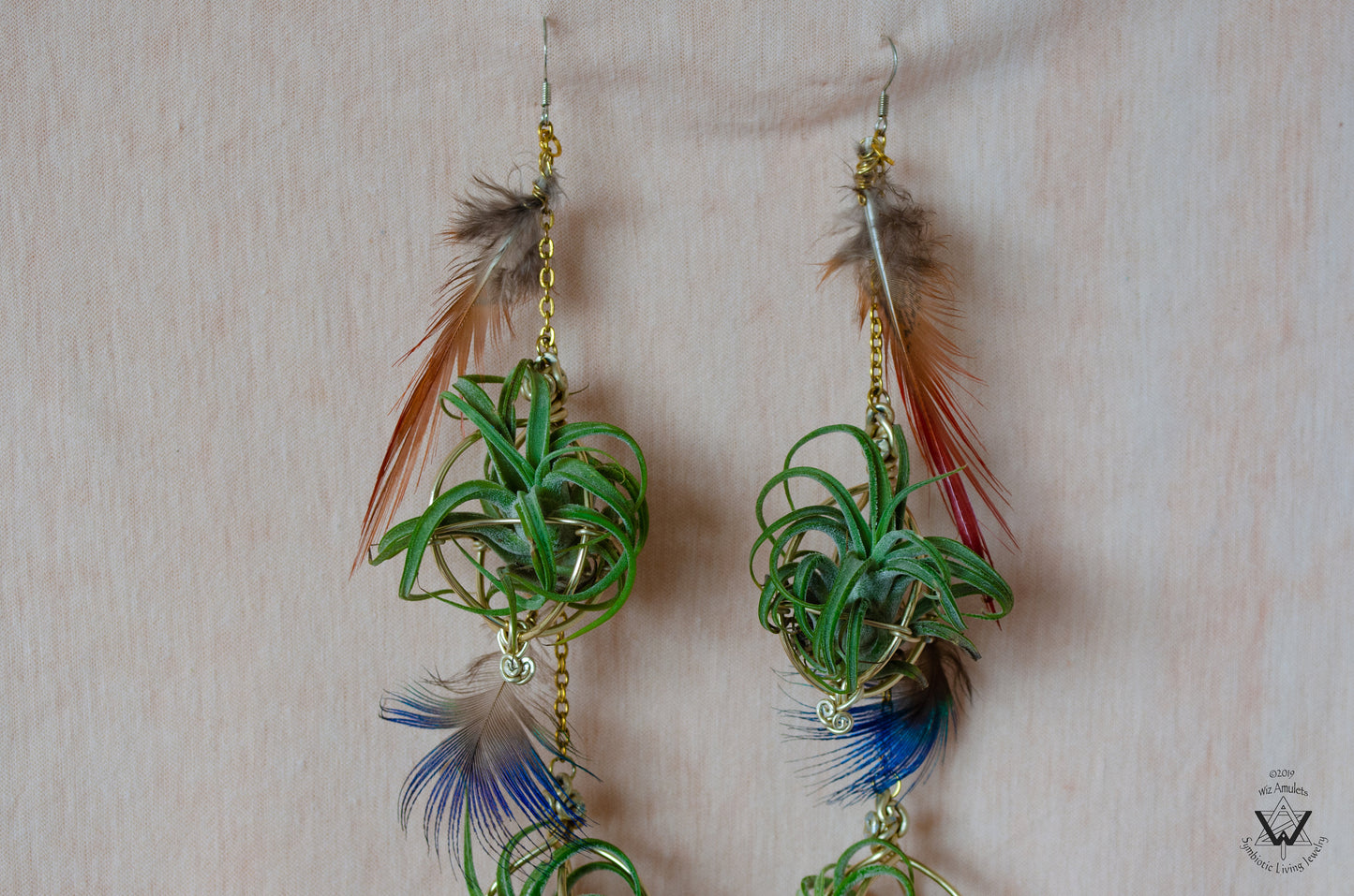 Double Dangle Air Plant Orb Feather Earrings Clips ~  Cascading Earrings Boho Chic