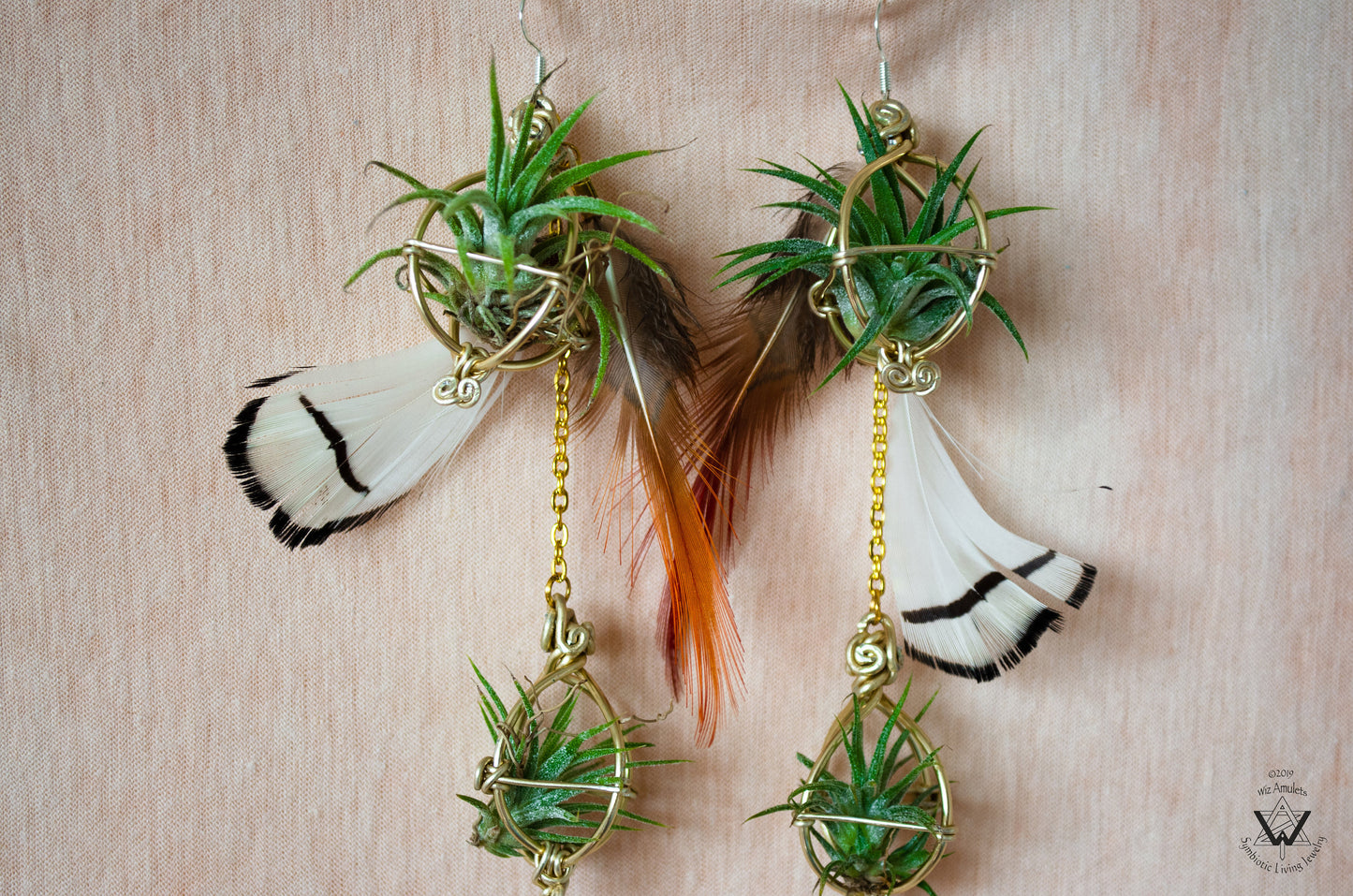 Double Dangle Air Plant Orb Feather Earrings Clips ~  Cascading Earrings Boho Chic
