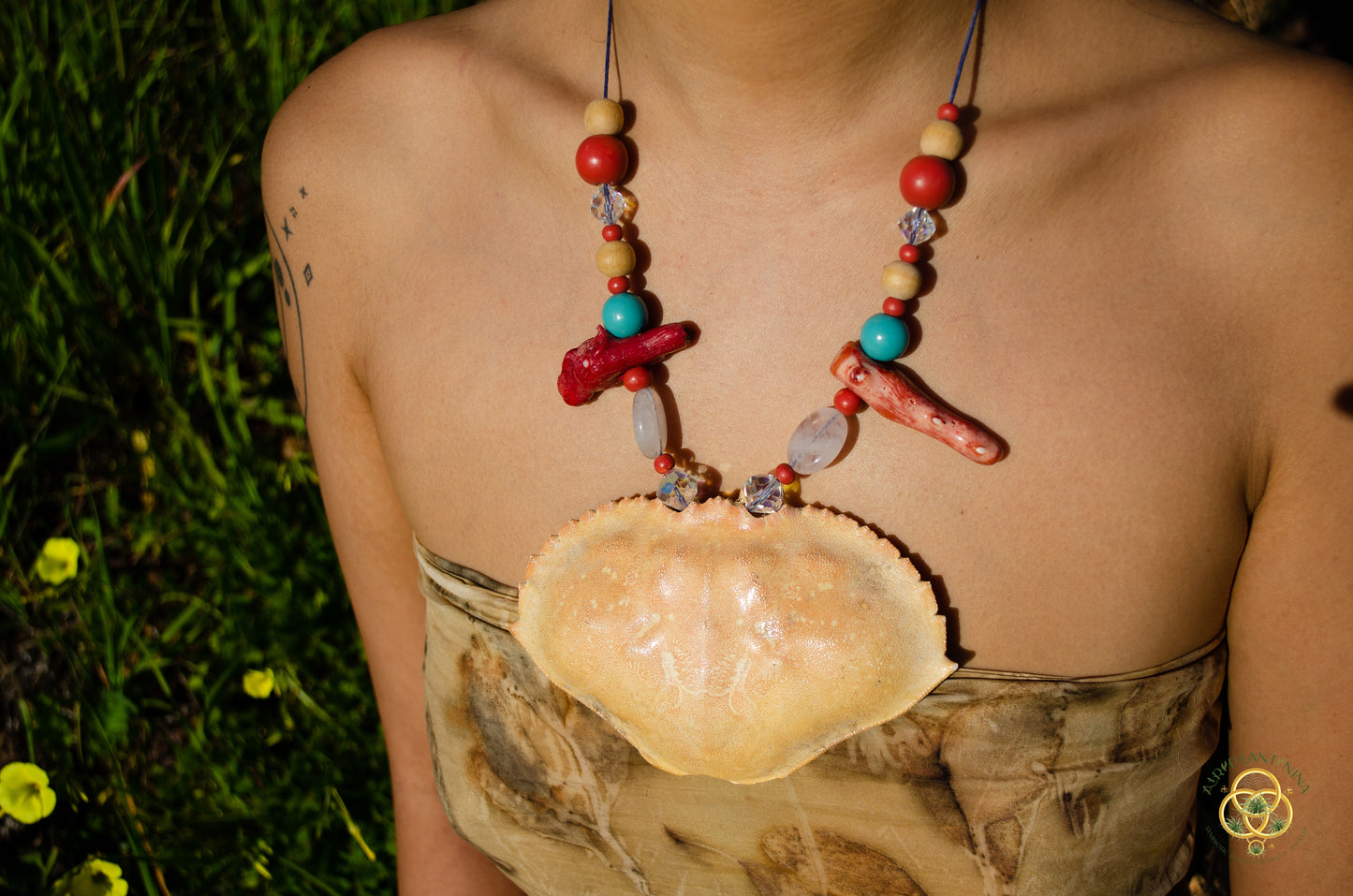 Crab Crystal Coral Chest Plate Necklace