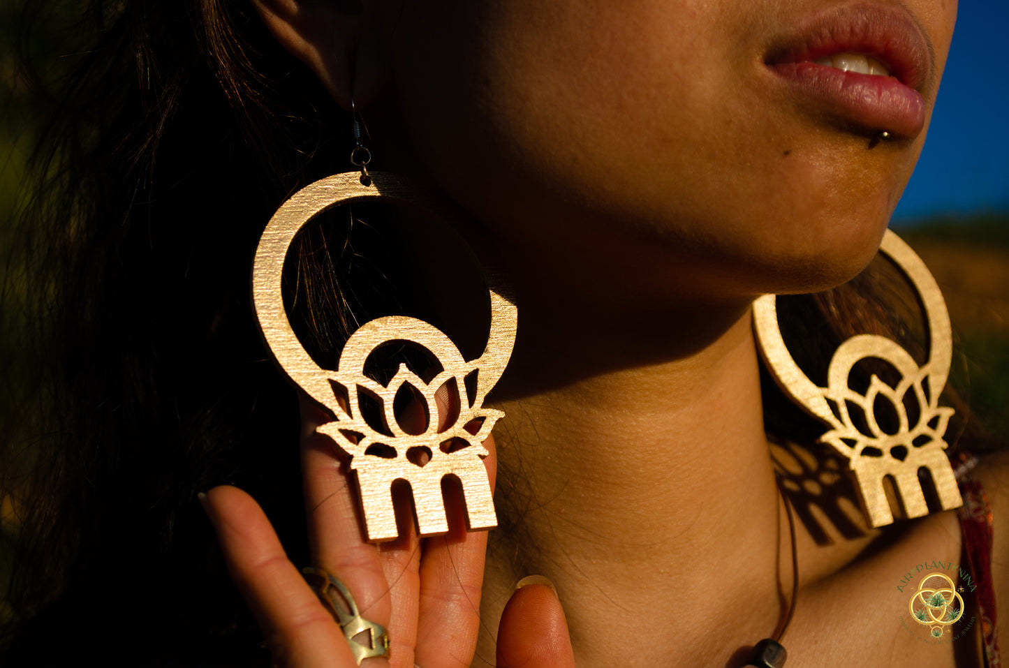 Om Lotus Key Code Light Language Wooden Hoop Earrings