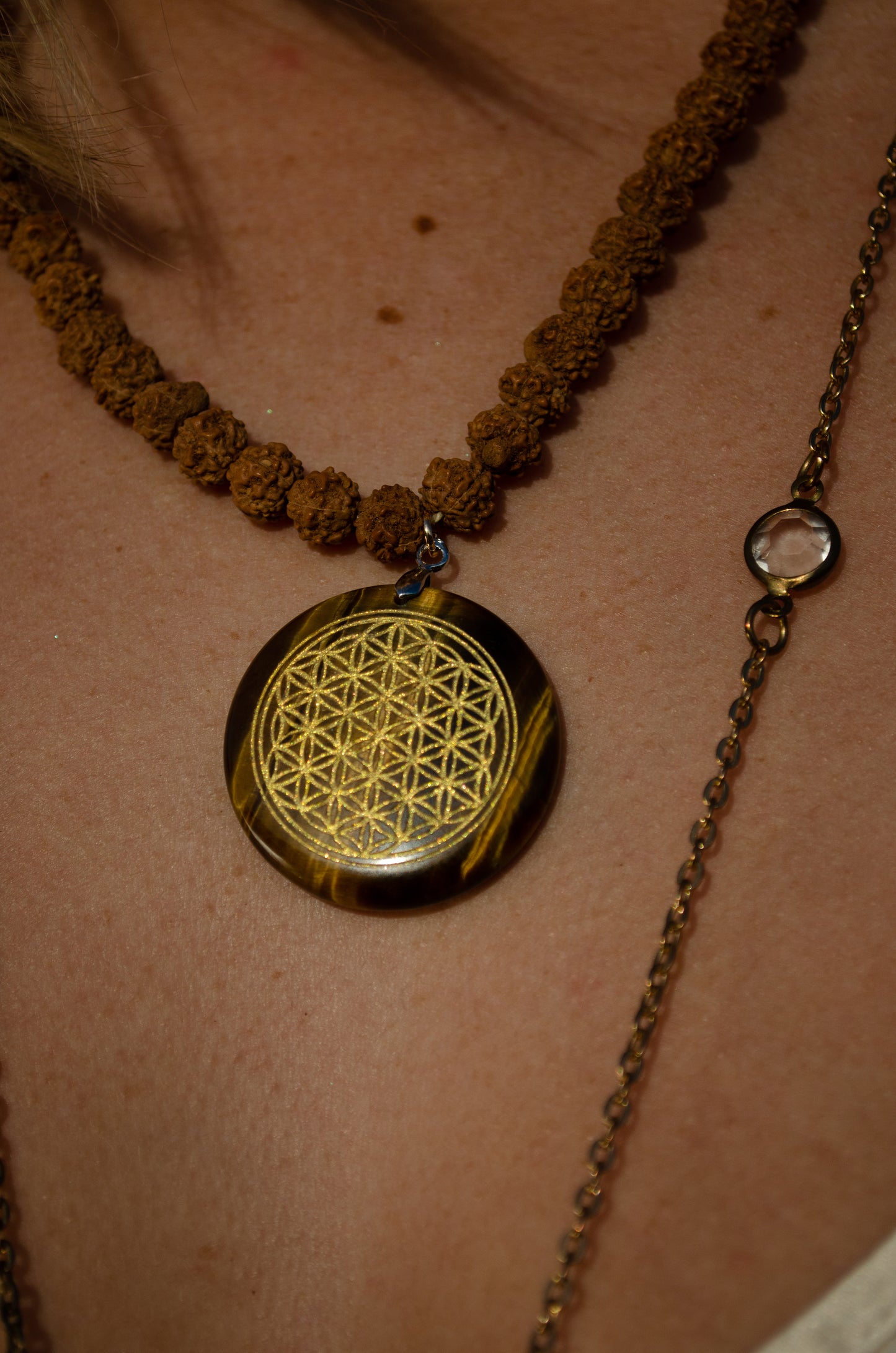 Shungite Crystal Flower of Life Medallion Rudraksha Prayer Bead Necklace