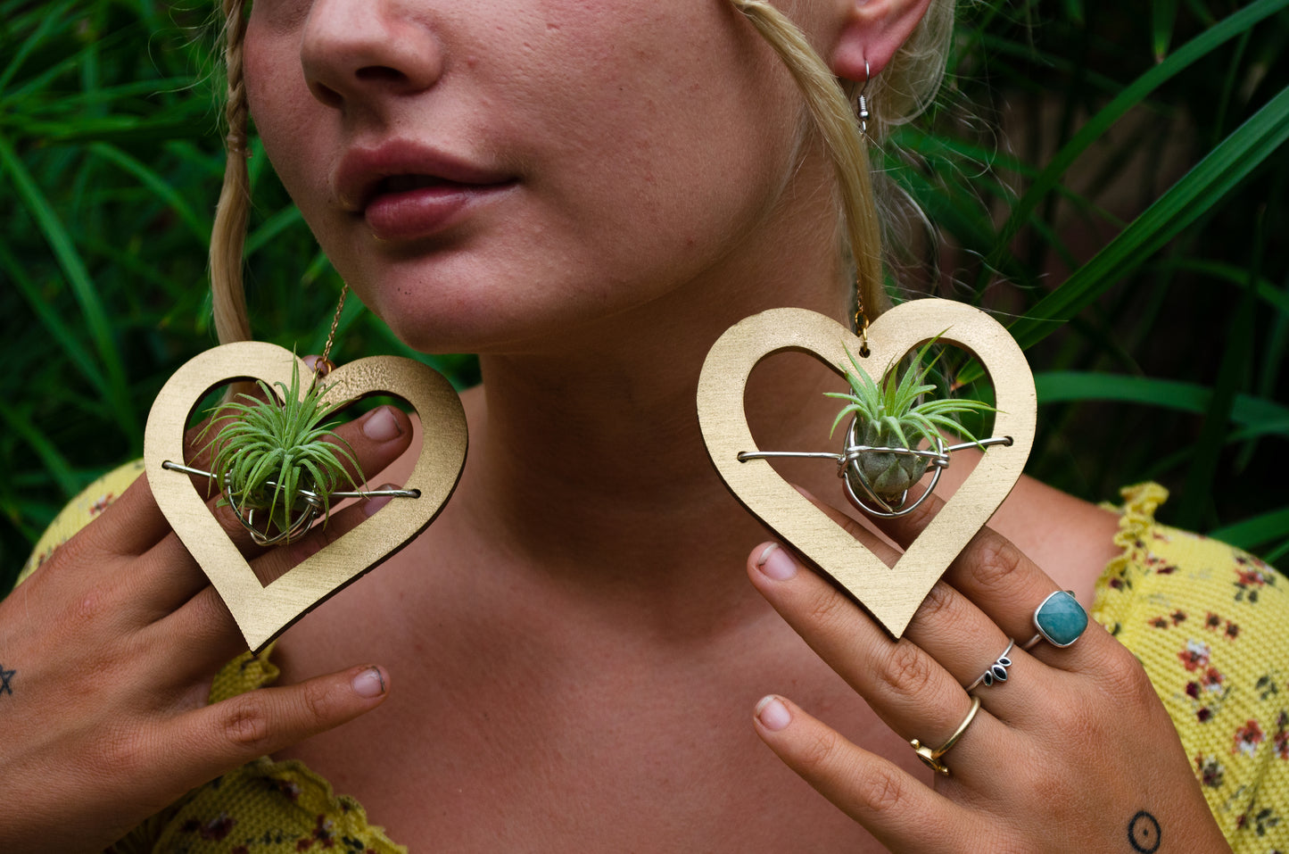 Wood Air Plant Earrings Heart, Moon, Circle, I-Ching Octagon