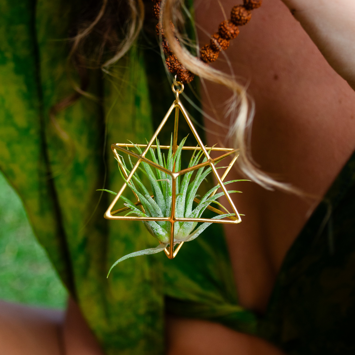24K Gold Merkaba Air Plant Terrarium Monk Necklace ~ Buddha Prayer