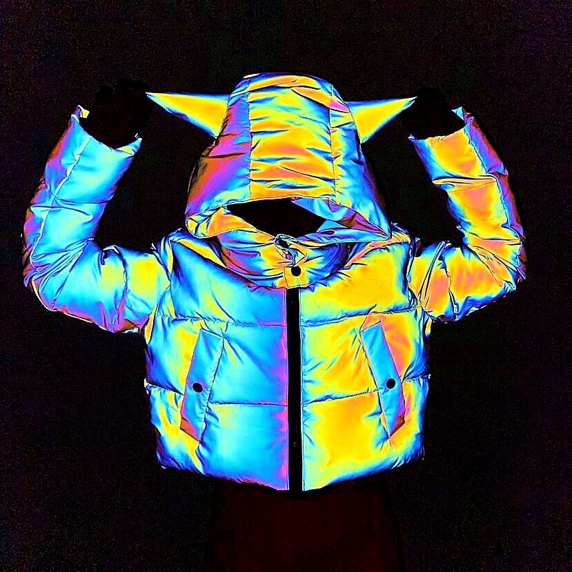 Ninja Alien Rainbow Reflective Antenna Hooded Down Bubble Coat  Jacket